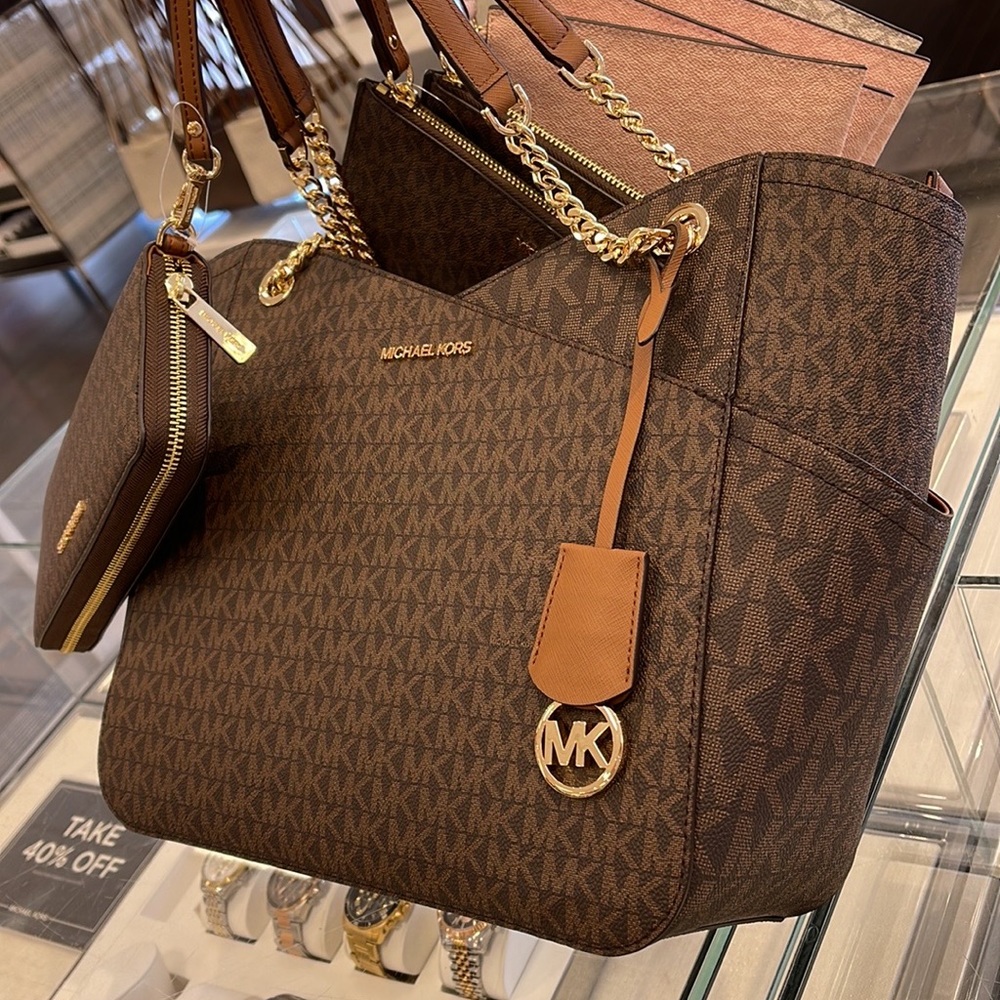 MICHAEL KORS LG X CHAIN SHOULDER TOTE &  JST Large Travel CONTINENTAL Wallet - Picture 12 of 16